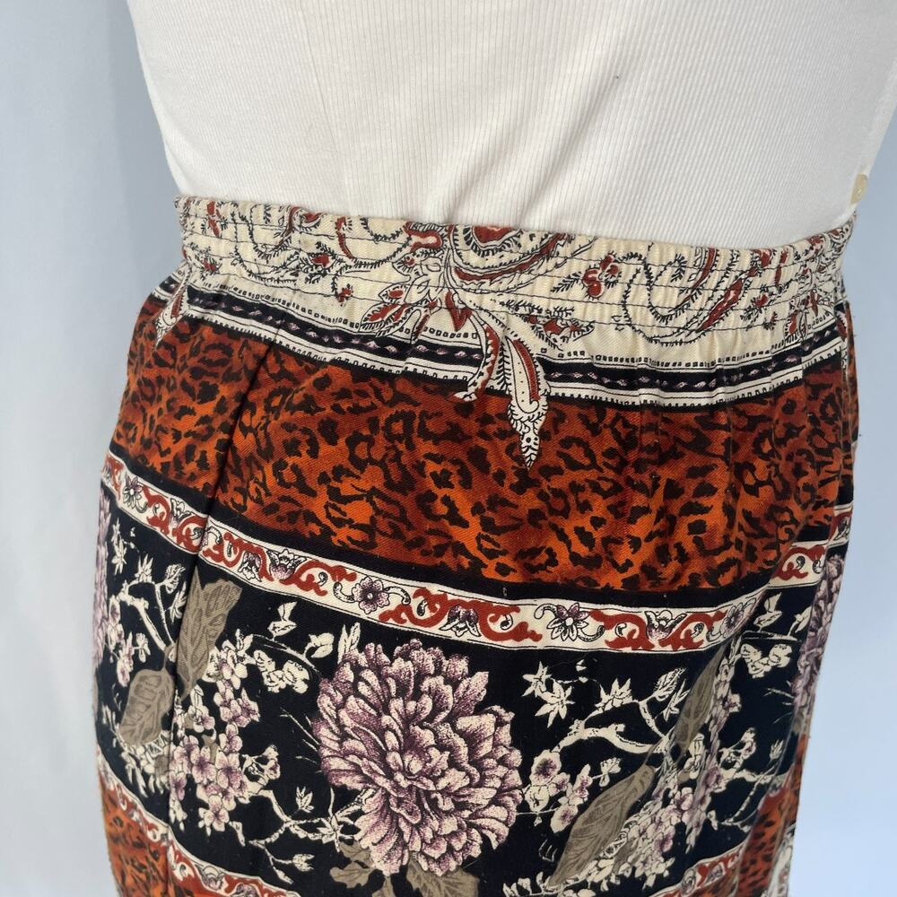 Vintage Mini Skirt Size 14 Black Brown Mix Print Cheetah Floral Boho Pull On 90s - Picture 4 of 16